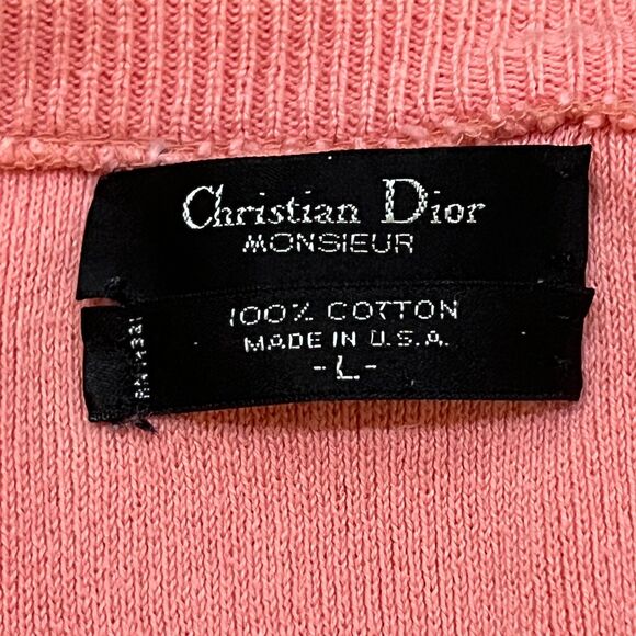 Vintage 80s Christian Dior Monsieur Cotton Coral Pink V-Neck Sweater USA Large - Picture 6 of 10